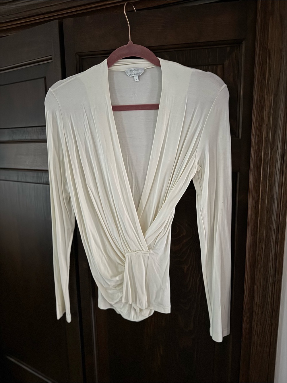 Max Studio Cream Draped Wrap-Front Long Sleeve Top